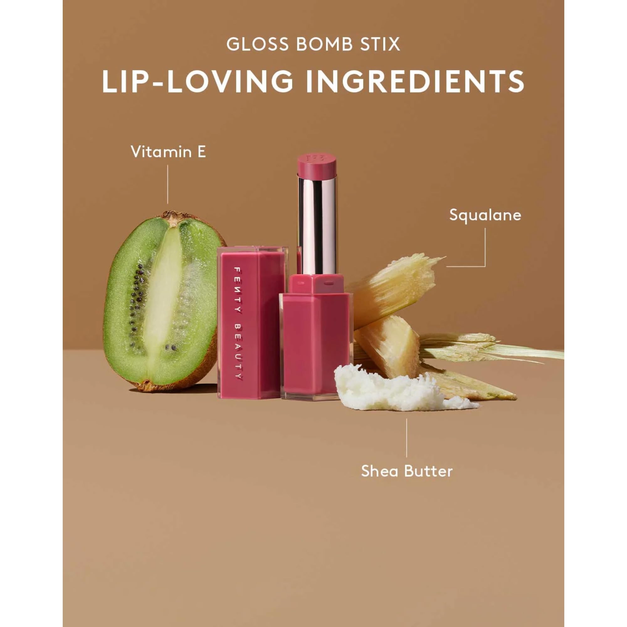 Packaging élégant et compact du stick gloss Fenty Beauty.