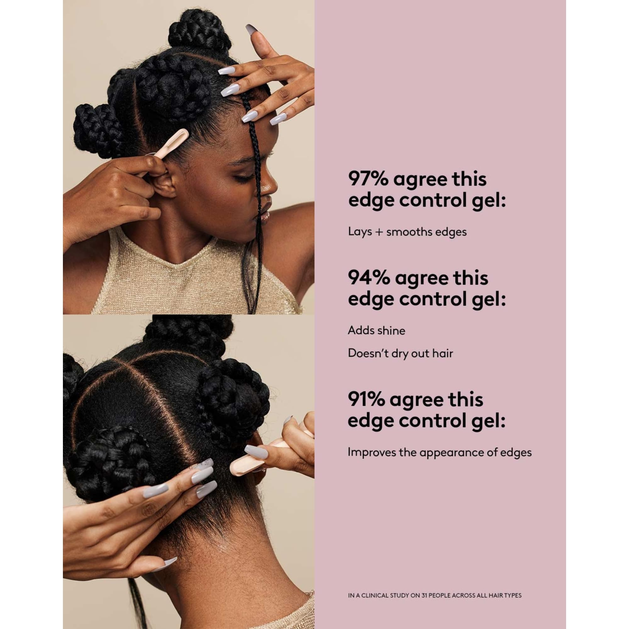 Fenty Hair edge-control gel shown on a sleek updo for neat edges.