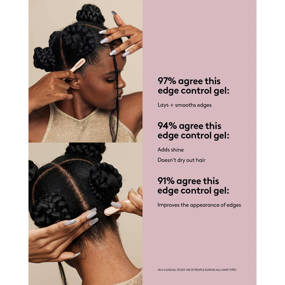 Fenty Hair edge-control gel shown on a sleek updo for neat edges.