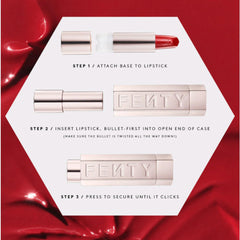 Fenty Icon The Fill refillable lipstick case beside the lipstick supports a sustainable, refillable routine.