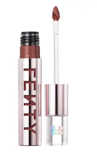 Fenty Icon Velvet Lipstick Pow'R Thirsty 08 caramel nude on lips with rich color.
