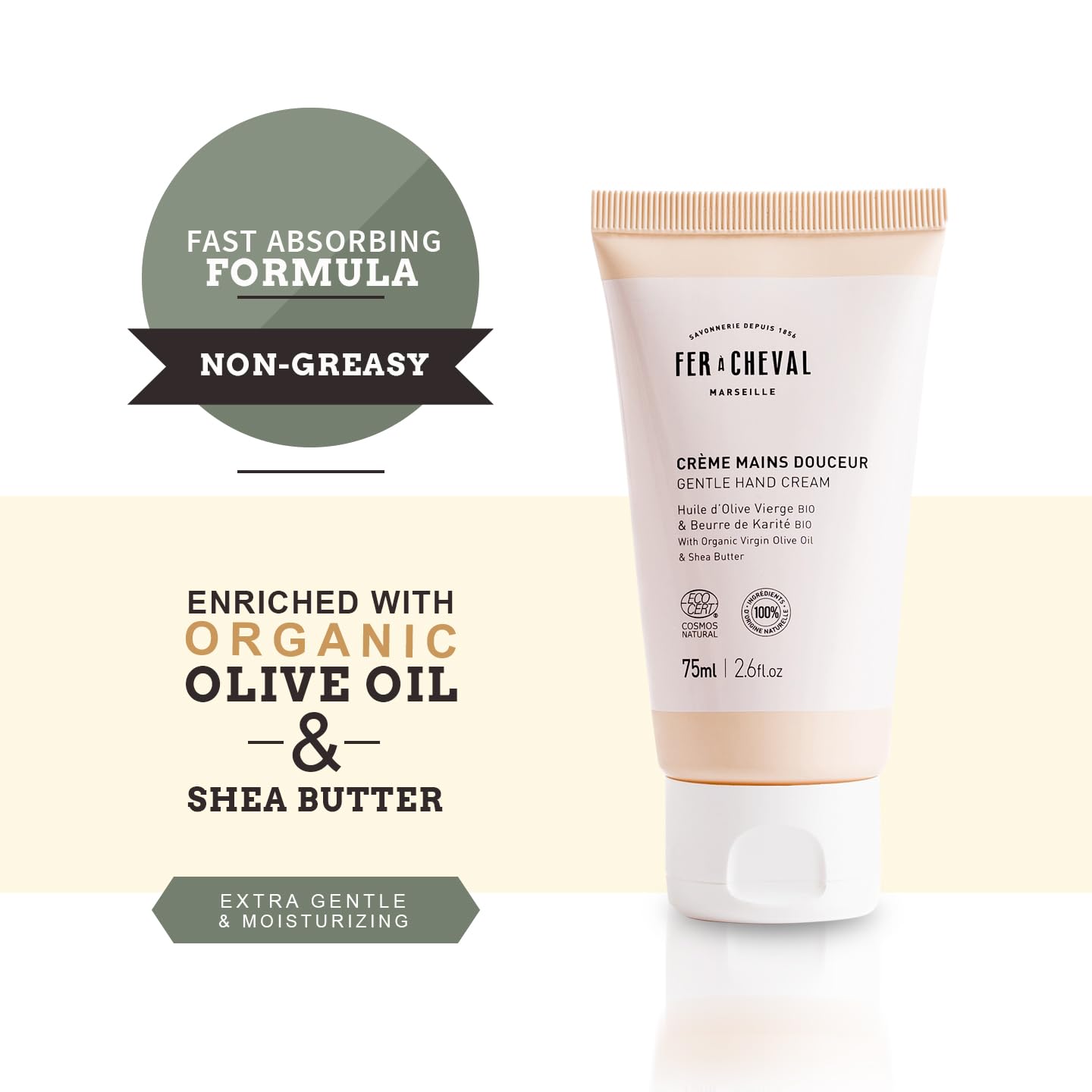 Fer à Cheval Gentle Hand Cream olive oil and shea butter ingredients close-up.