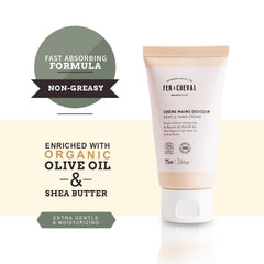 Fer à Cheval Gentle Hand Cream olive oil and shea butter ingredients close-up.