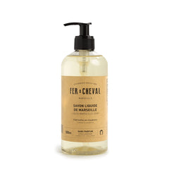 Fer à Cheval Marseille soap bottle shows a creamy lather for gentle cleansing.
