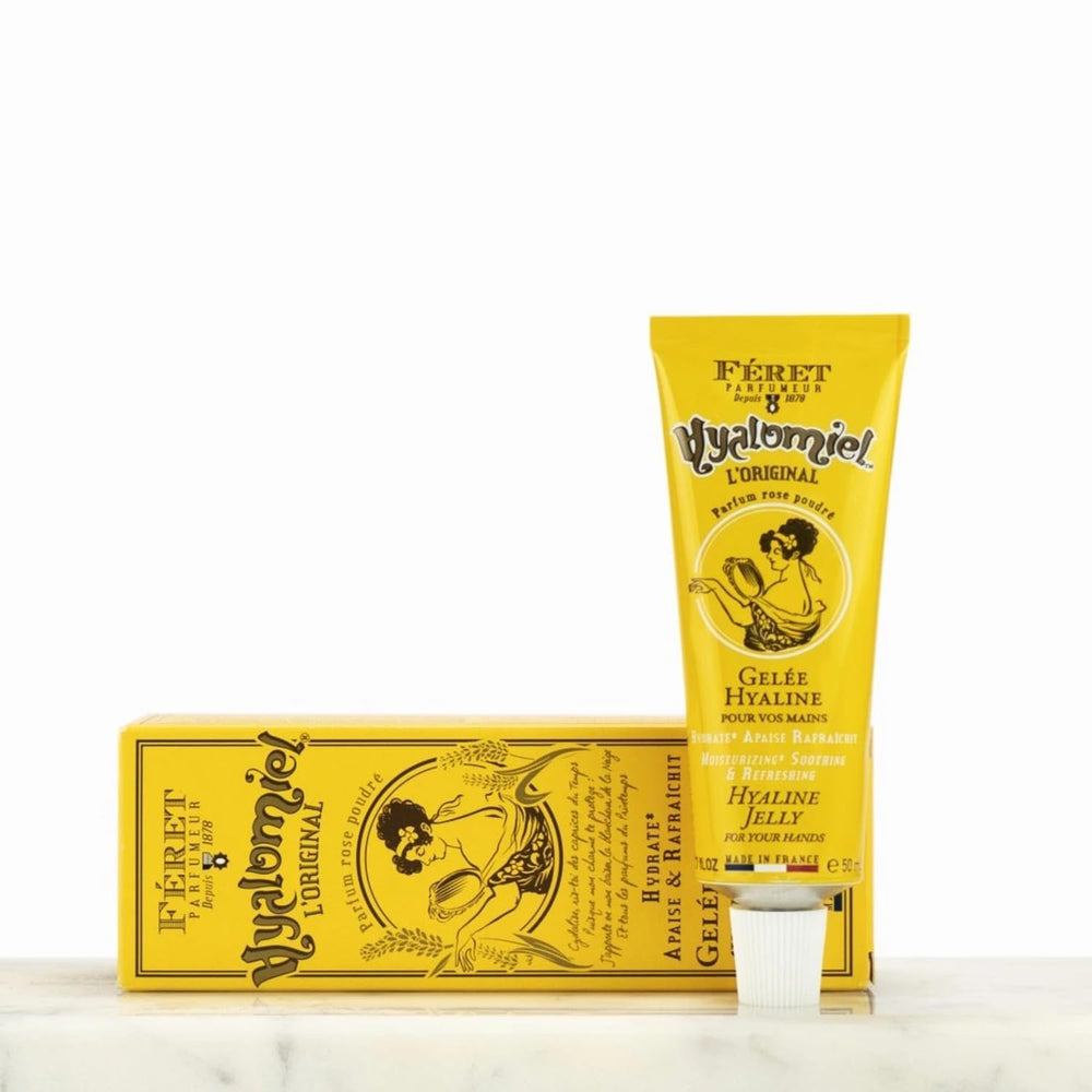 Feret Le Hyalomiel vintage-style tube packaging on a vanity