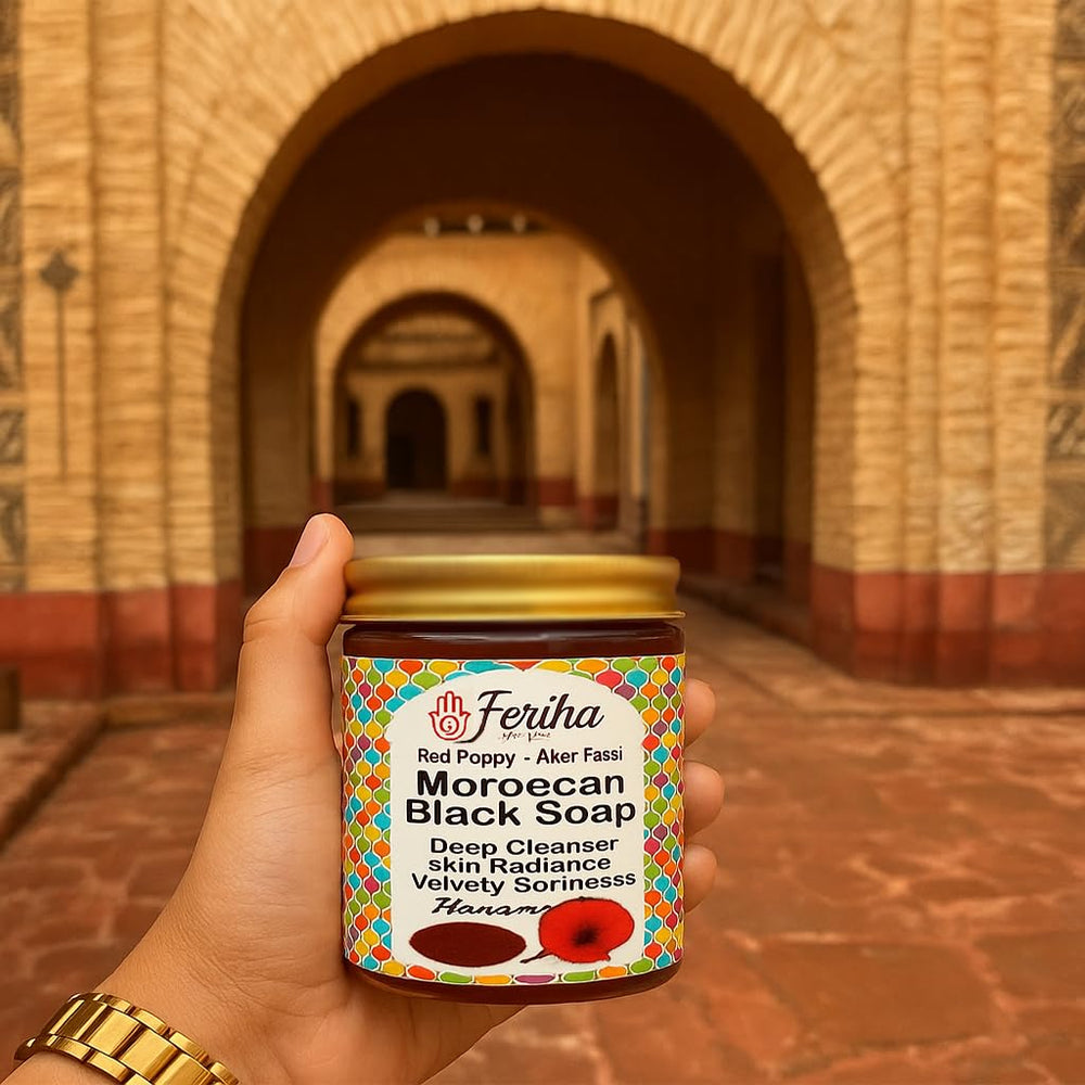 Aker Fassi botanicals in FERIHA soap evoke traditional Moroccan beauty rituals.