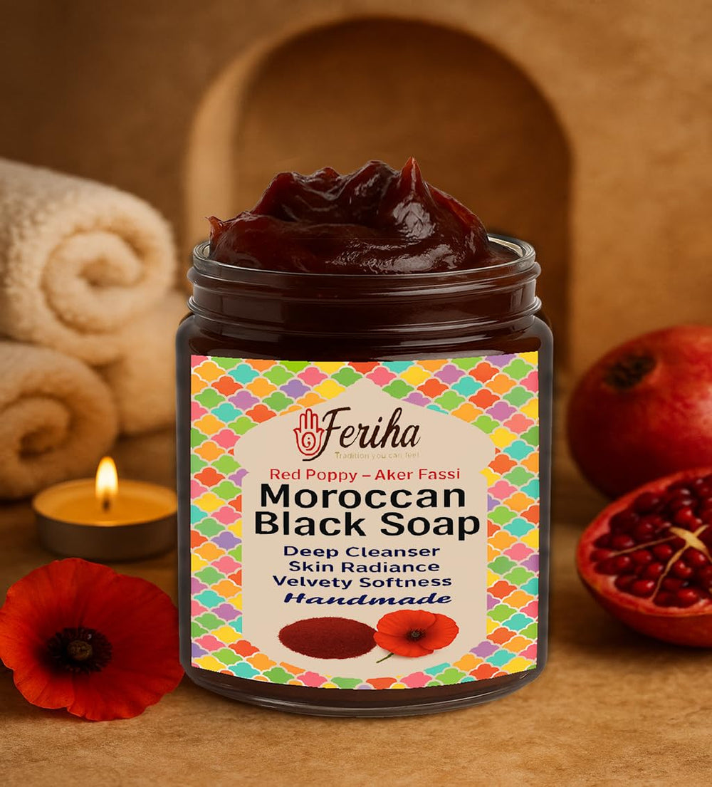 Hammam kessa glove-ready paste combines with FERIHA soap for smoother skin.