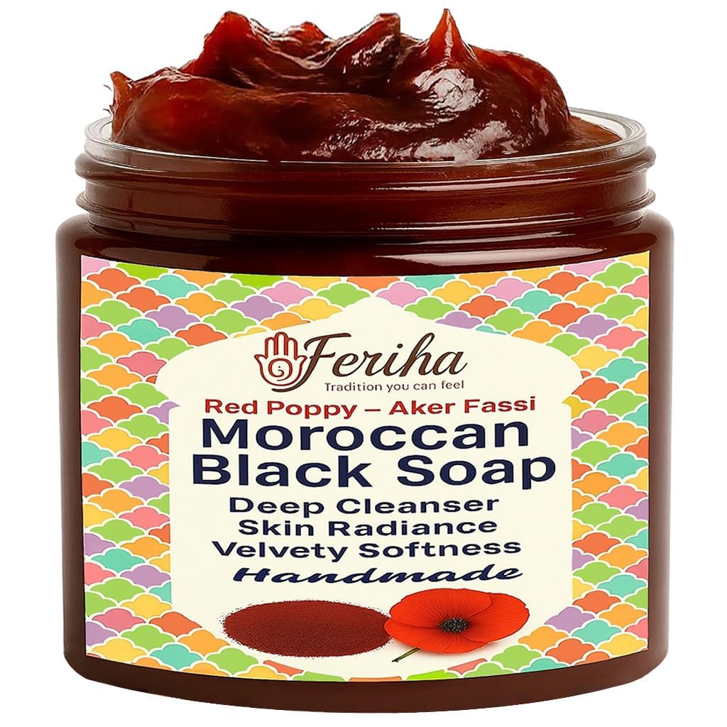 FERIHA Moroccan Black Soap jar with Aker Fassi and red petals for radiant skin.
