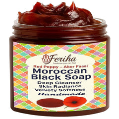 FERIHA Moroccan Black Soap jar with Aker Fassi and red petals for radiant skin.
