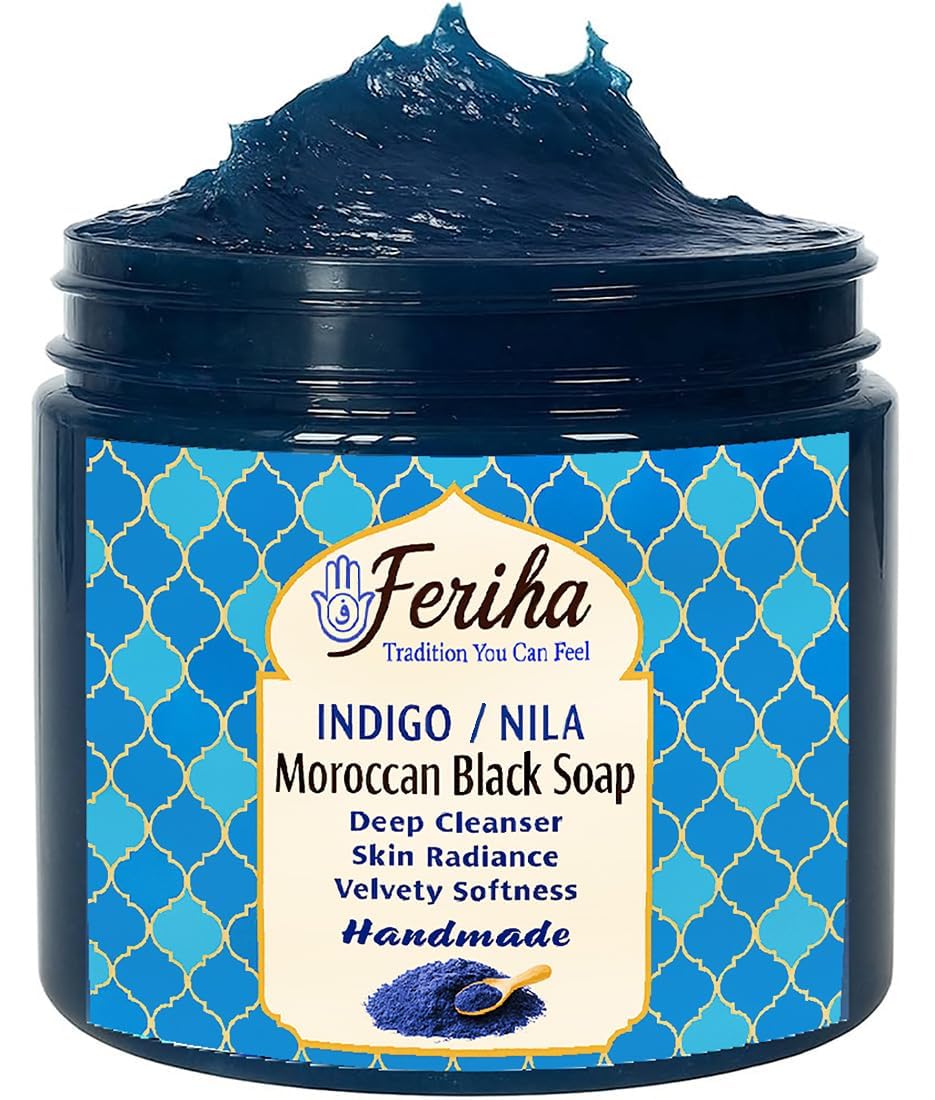Feriha Moroccan Black Soap jar with indigo Sahara Nila tint for authentic Hammam care