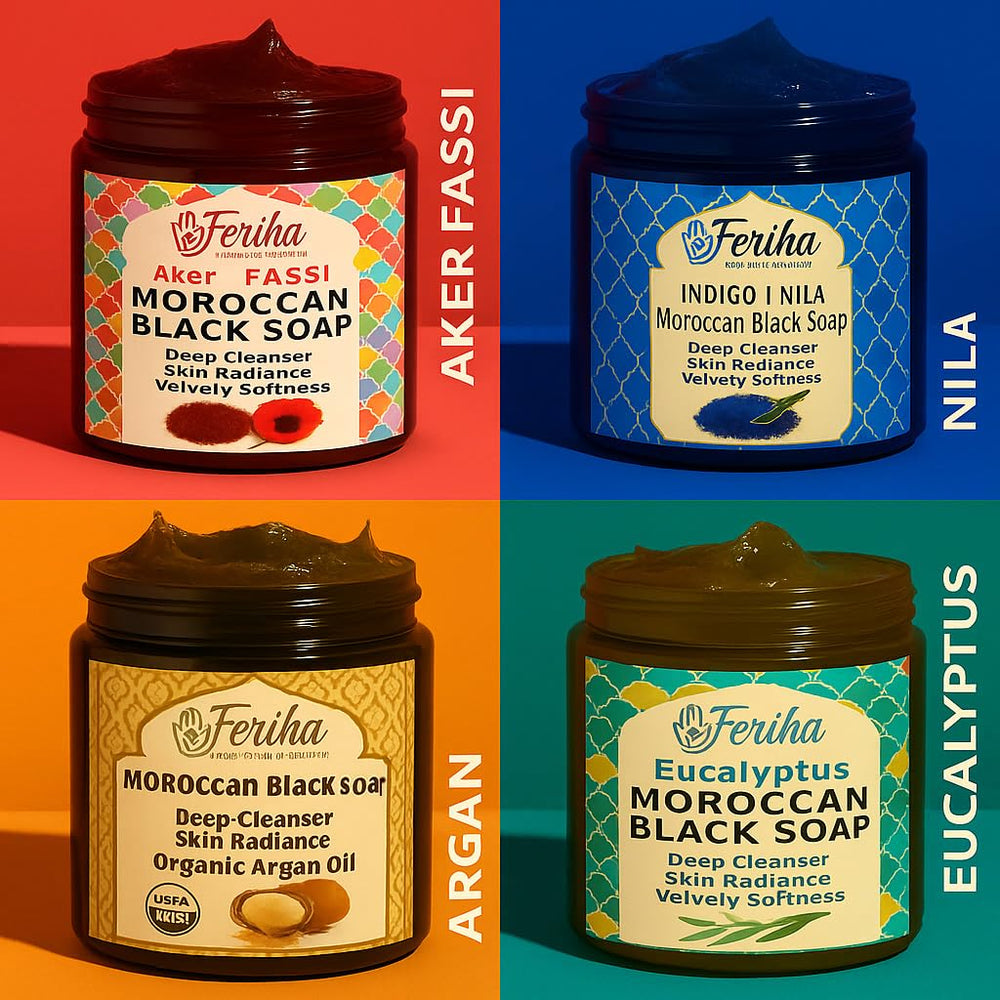 Sleek label and jar shown as part of the FERIHA product shelf.
