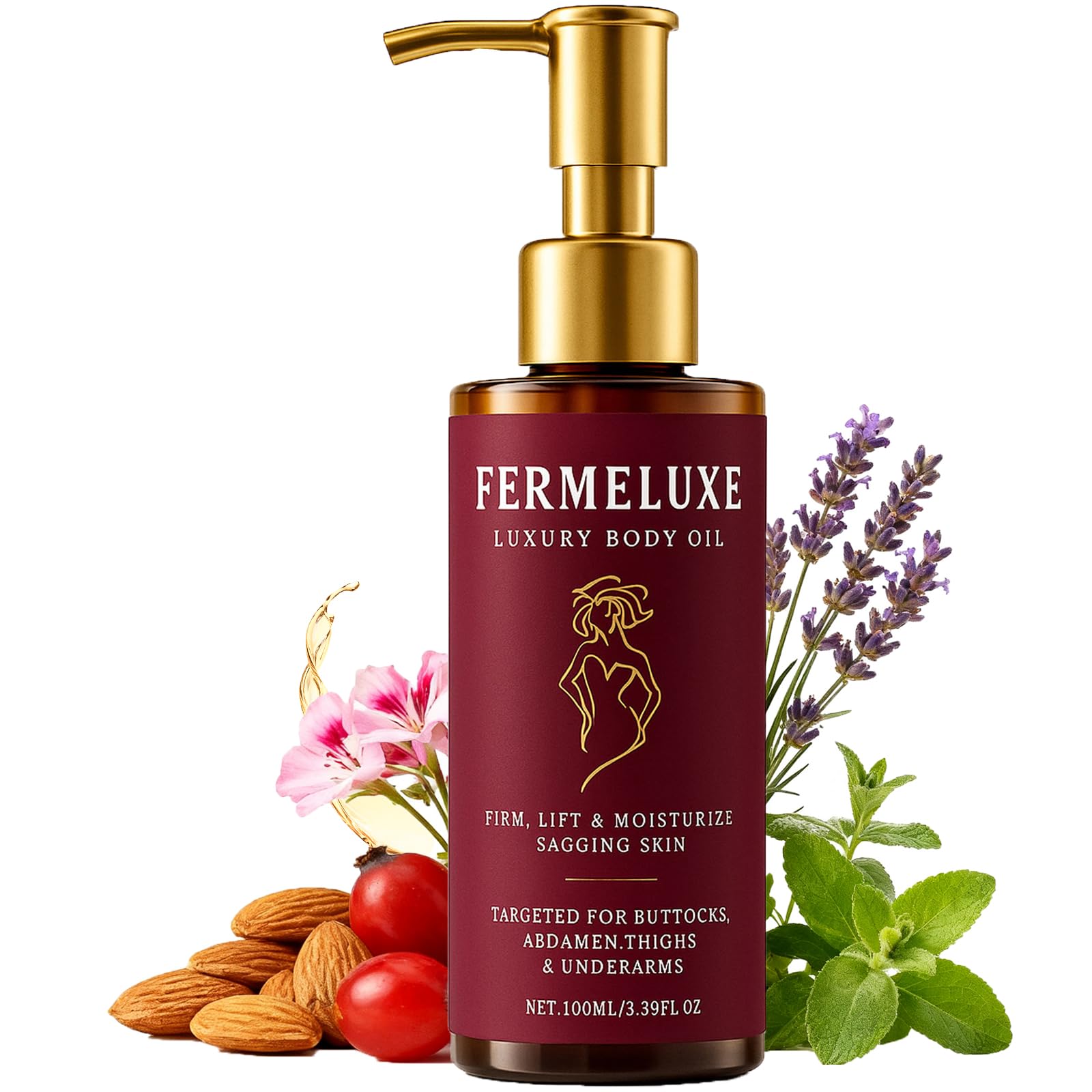 FERMELUXE Body Firming Oil bottle shown, offering deep hydration and quick absorption