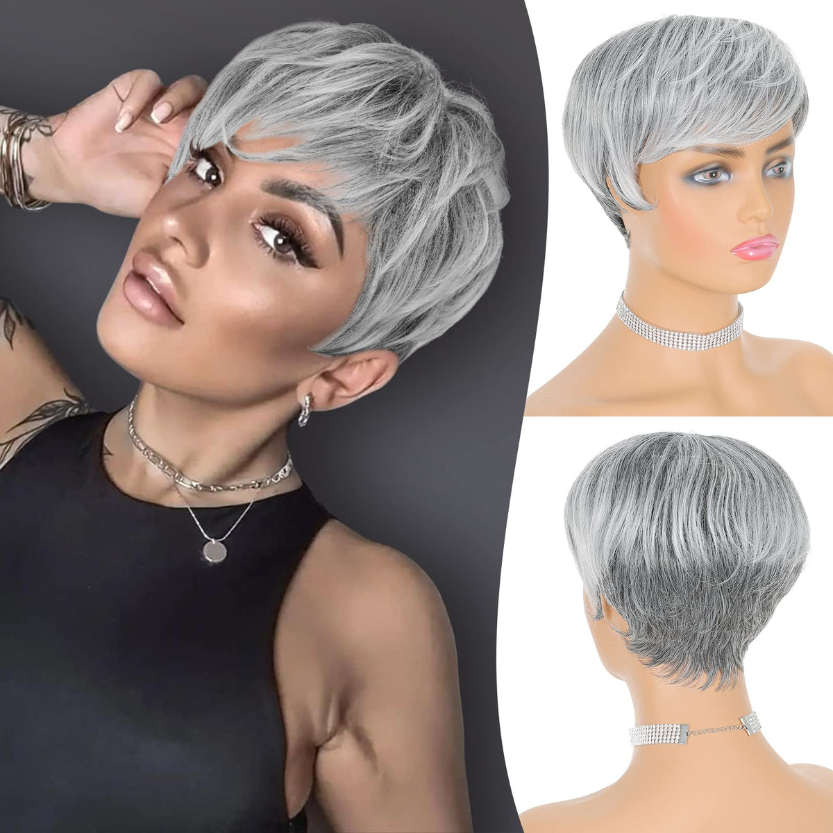 FESHFEN Pixie Cut Wig with Ombre Gray for versatile daily styling