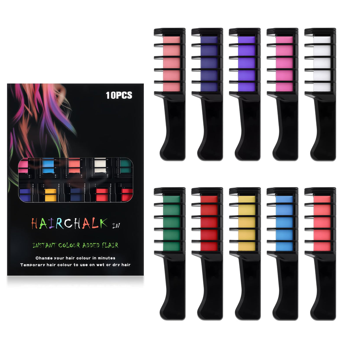 Festive Fun Hair Chalk Combs packaging close-up showing vibrant colors for gifting
