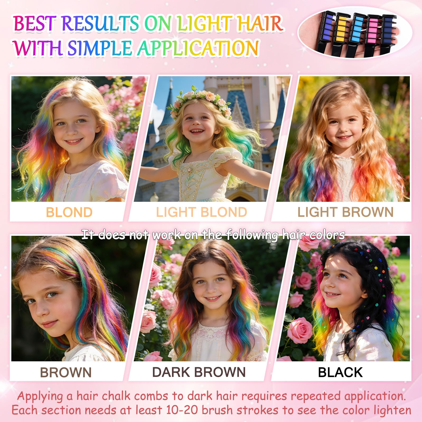 Festive Hair Chalk Combs dark blue tint for bold accents on blonde locks.