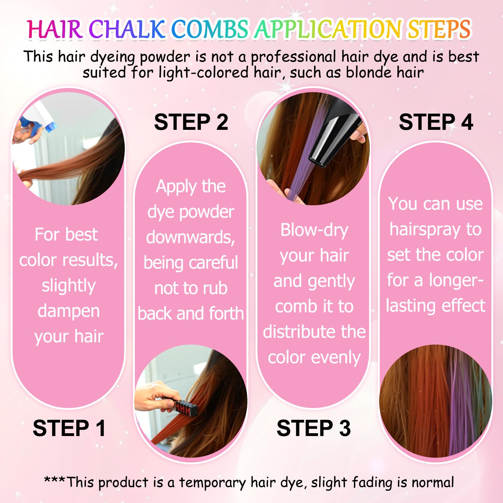 Festive Hair Chalk Combs pink tint for soft, easy color on light hair.