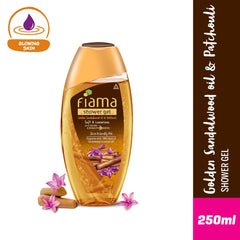 Fiama bottle pouring lather, smooth cleansing with sandalwood and patchouli