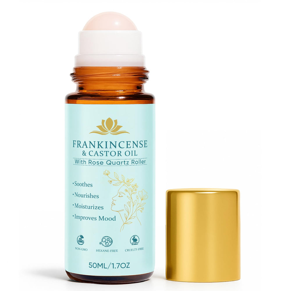 Fibosara Frankincense Castor Oil Roll-On with Rose Quartz Roller calms skin daily