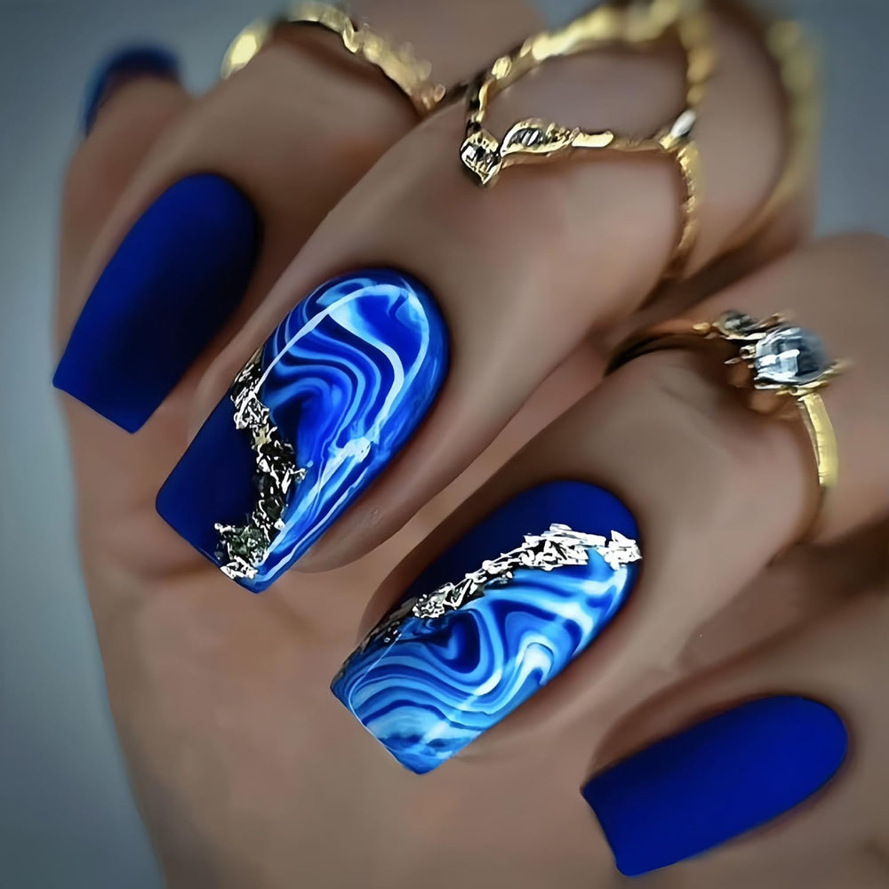 FIEONCIY blue marble square nails ready for quick at-home manicure
