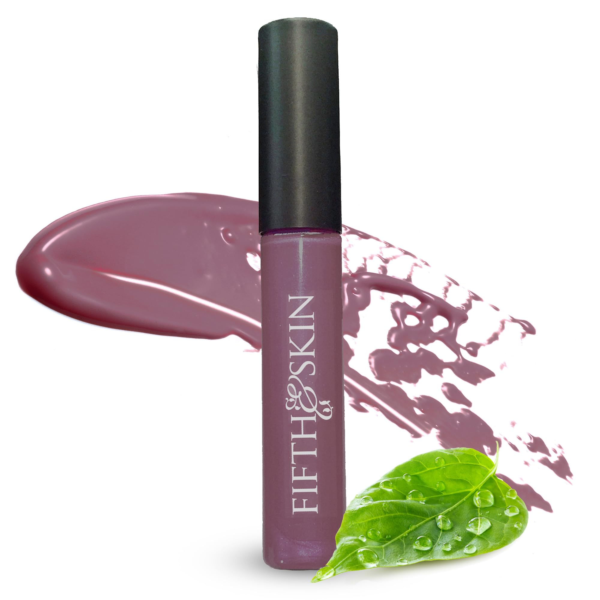 Fifth & Skin Botanical Lip Gloss Plum close-up showcases velvety moisture on lips