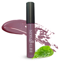 Fifth & Skin Botanical Lip Gloss Plum close-up showcases velvety moisture on lips
