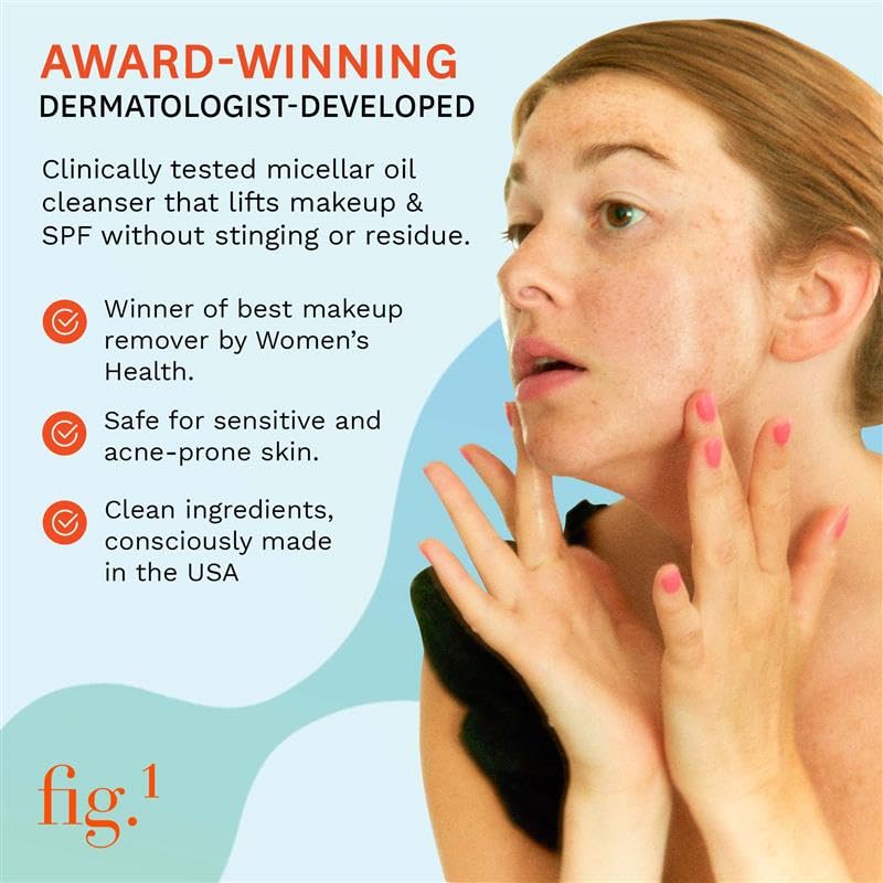 Fig.1 Micellar oil cleanser being poured—removes SPF and long-wear makeup while hydrating.