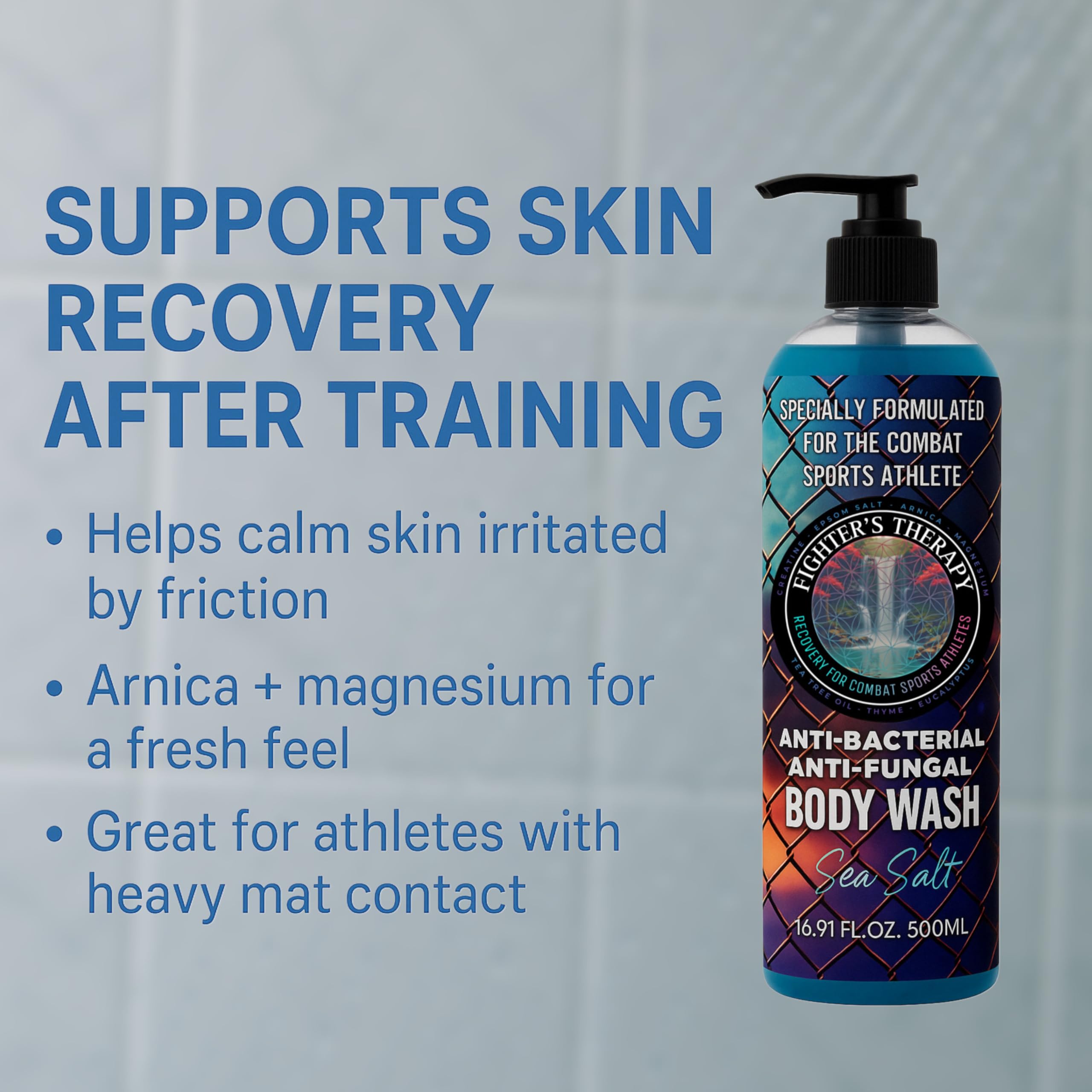 Fighter's Therapy body wash lather close-up shows gentle, low-foam cleansing