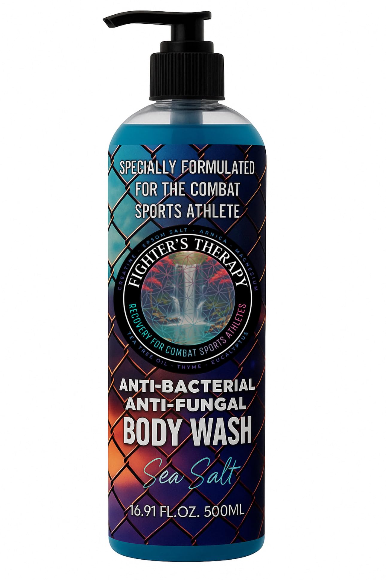 Fighter's Therapy body wash bottle pouring for quick post-training cleansing