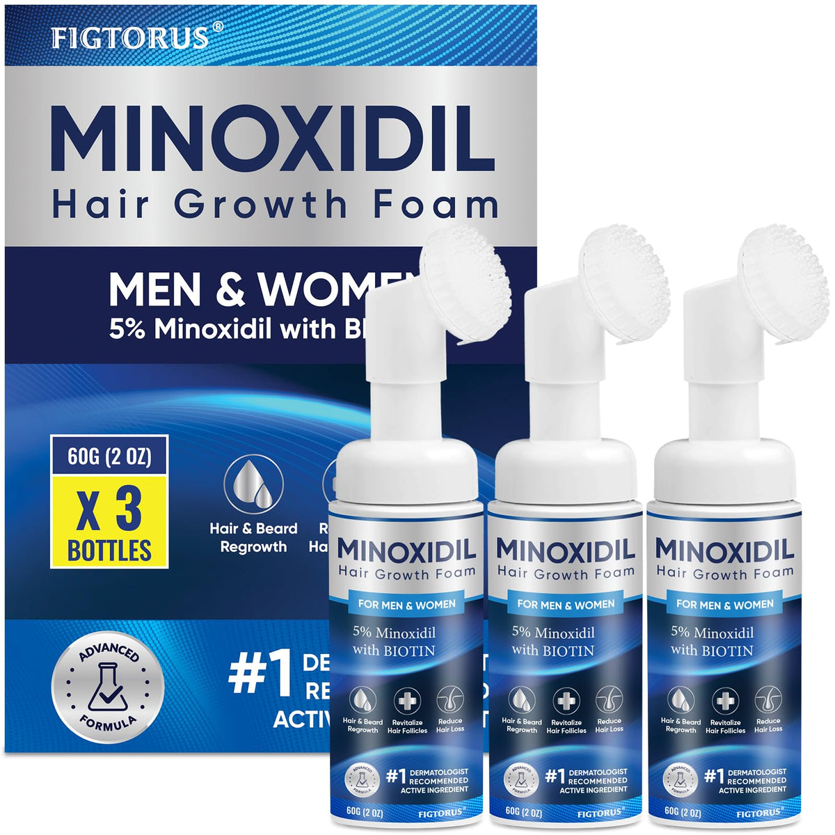 FIGTORUS 5% Minoxidil Foam bottle shown, designed for fuller-looking hair and easy daily use.