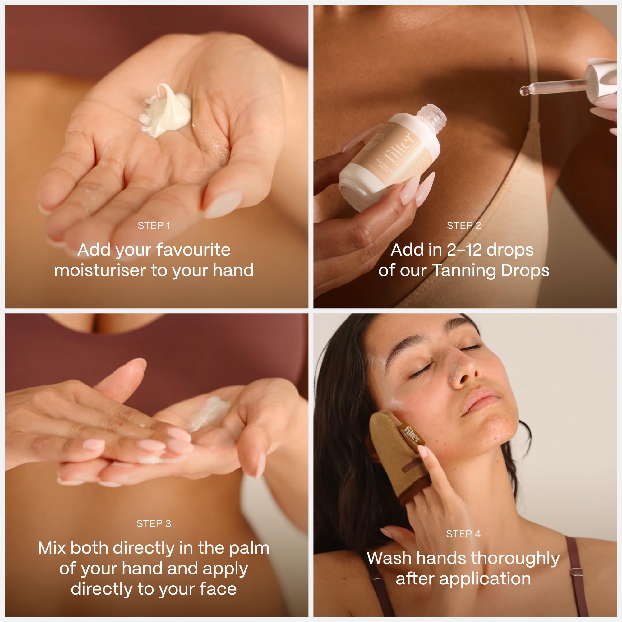 Filter by Molly-Mae drops on body for streak-free glow.