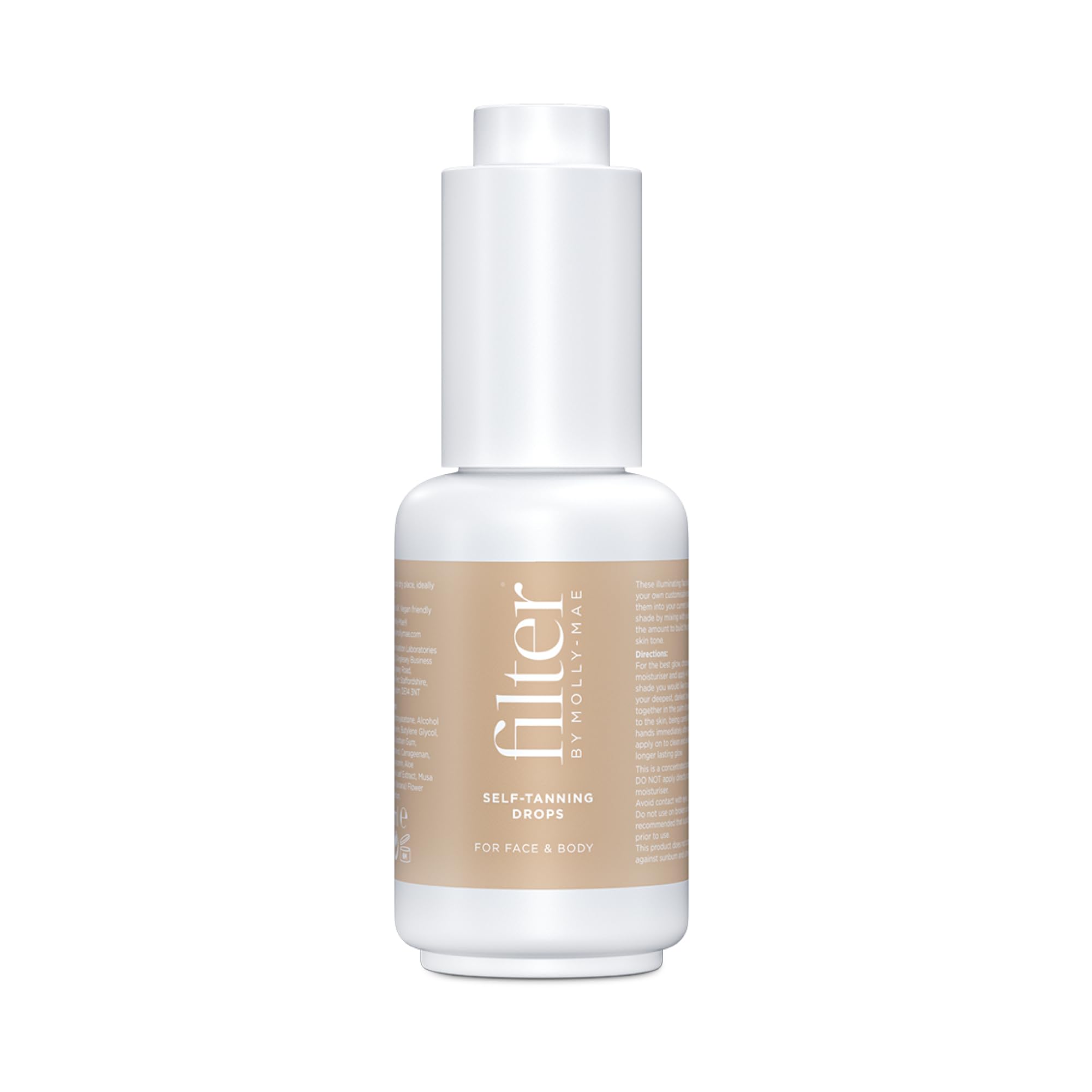 Filter by Molly-Mae self tanning drops bottle close-up for a natural glow.