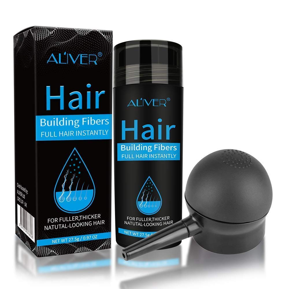 Find Back hair fibers spray bottle applying on thinning crown for instant fullness