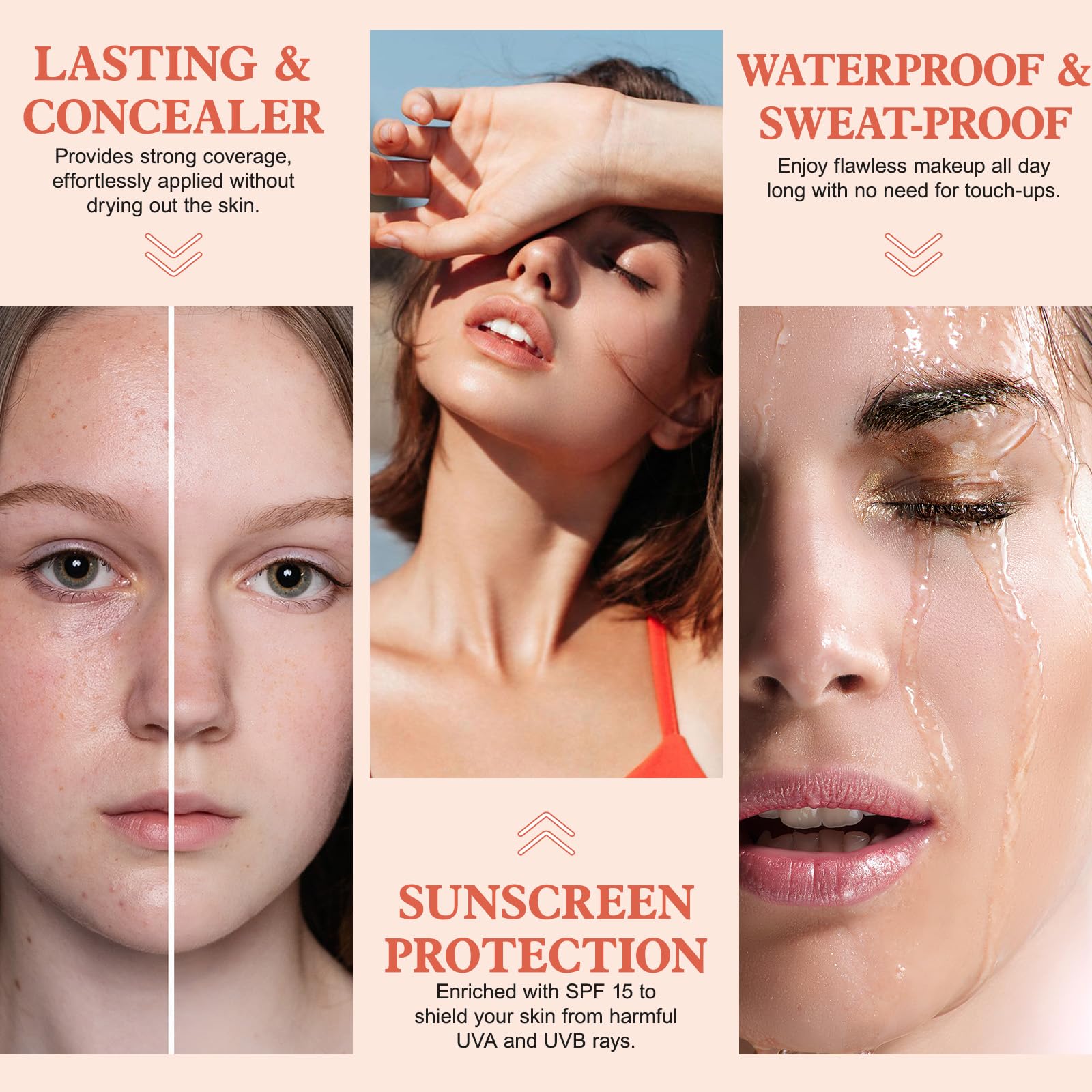 Find Back SPF 15 protection foundation providing day-long coverage.