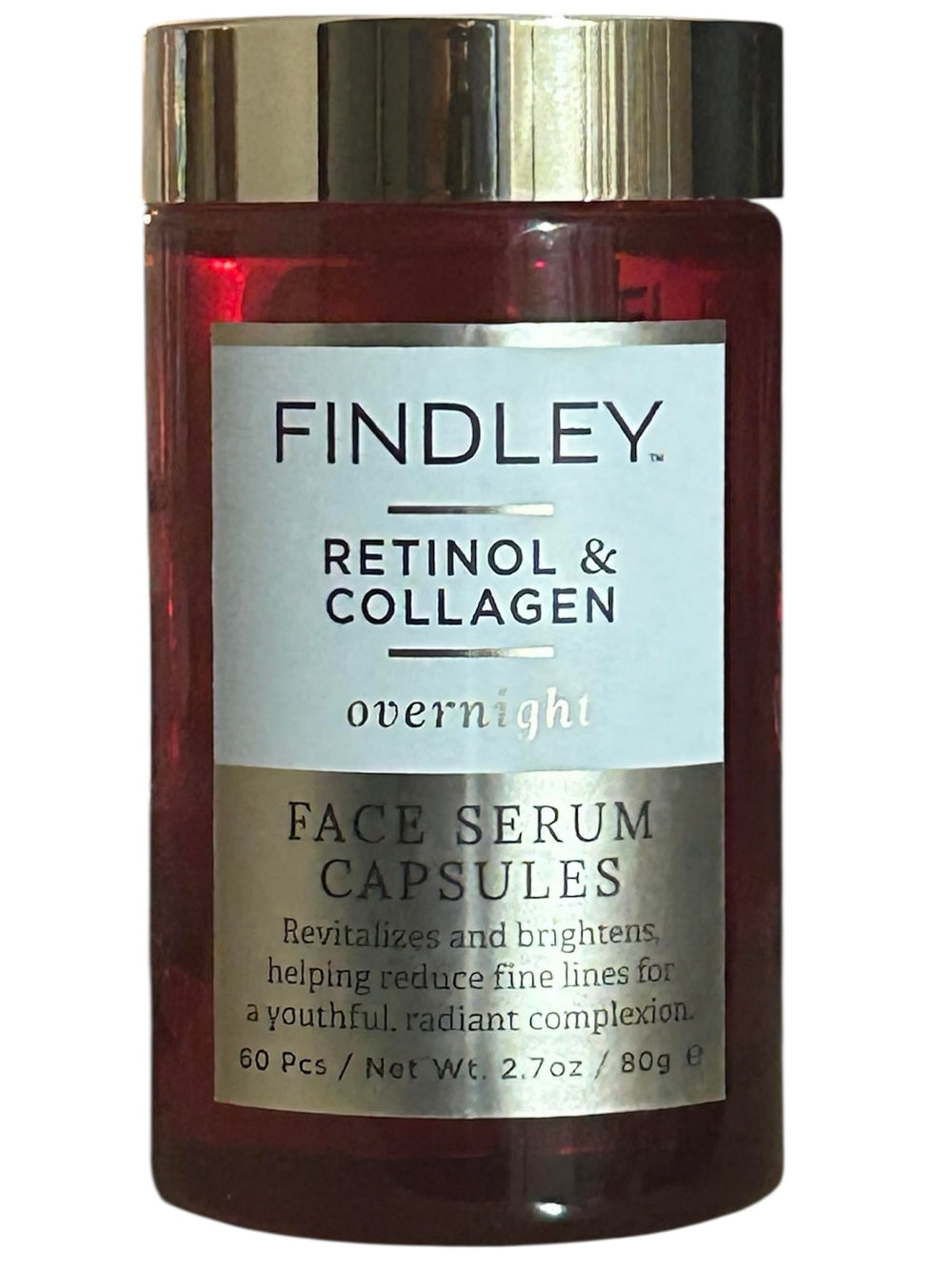 Findley Retinol and Collagen serum capsules bottle, ideal for daily anti-aging routine.