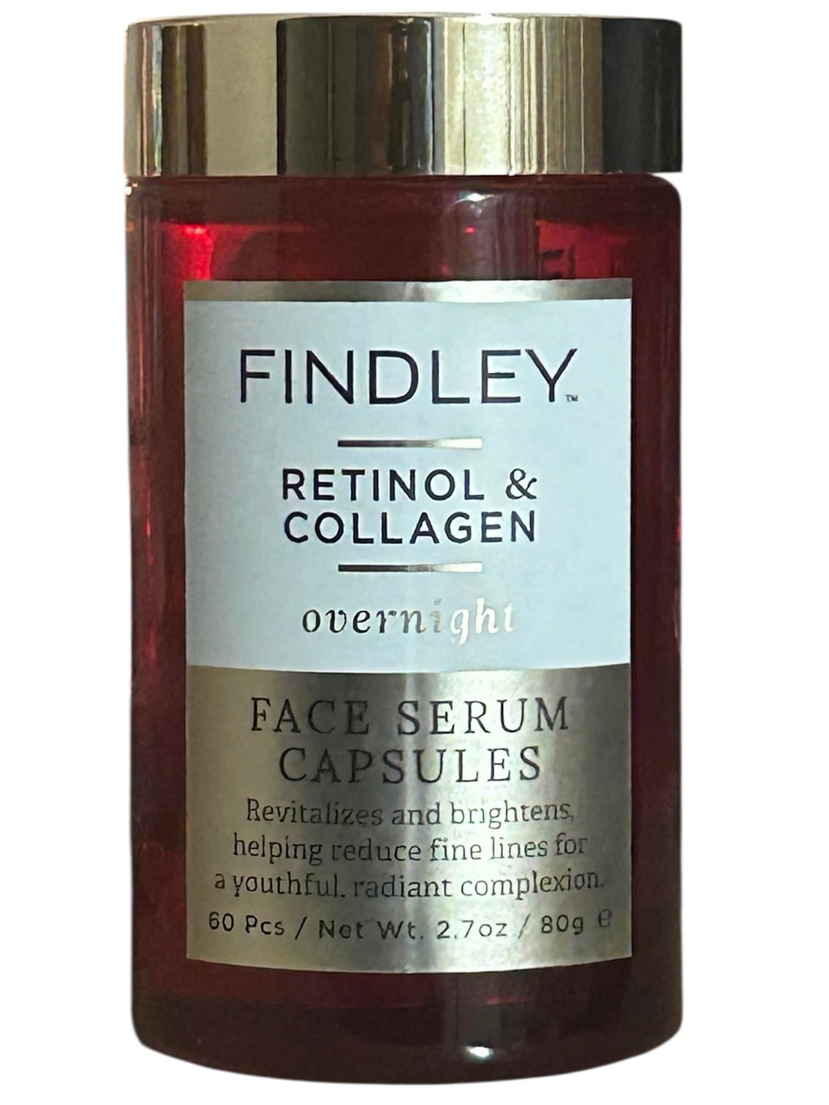 Findley Retinol and Collagen serum capsules bottle, ideal for daily anti-aging routine.