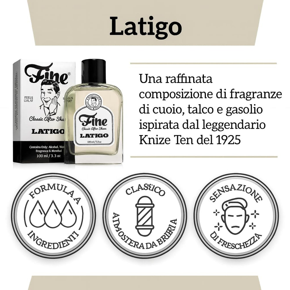 Fine Latigo packaging box emphasizes premium, alcohol-based formula and barbershop vibe.