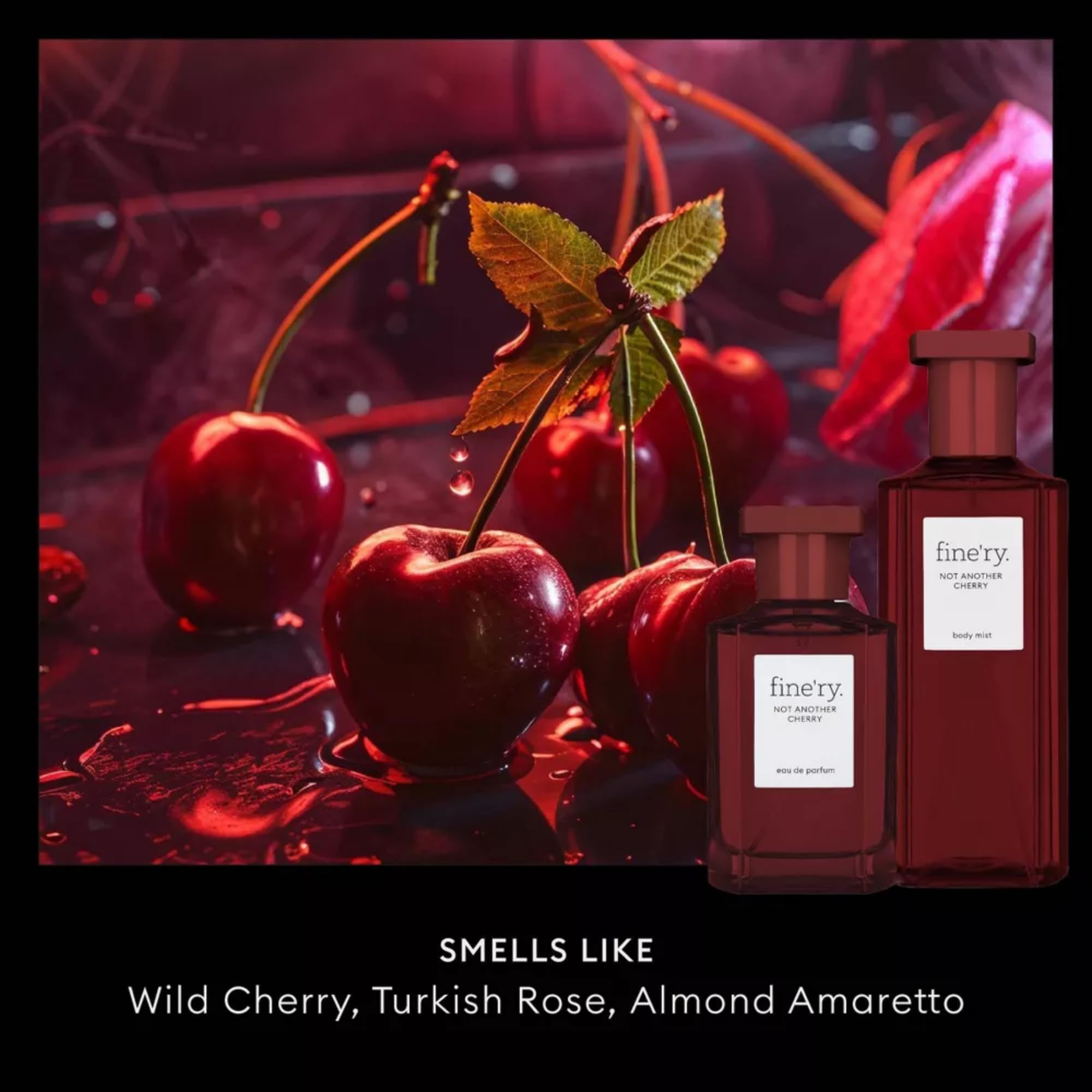Fine'ry Not Another Cherry Body Mist bottle adds a light, refreshing layer for day-to-night wear.