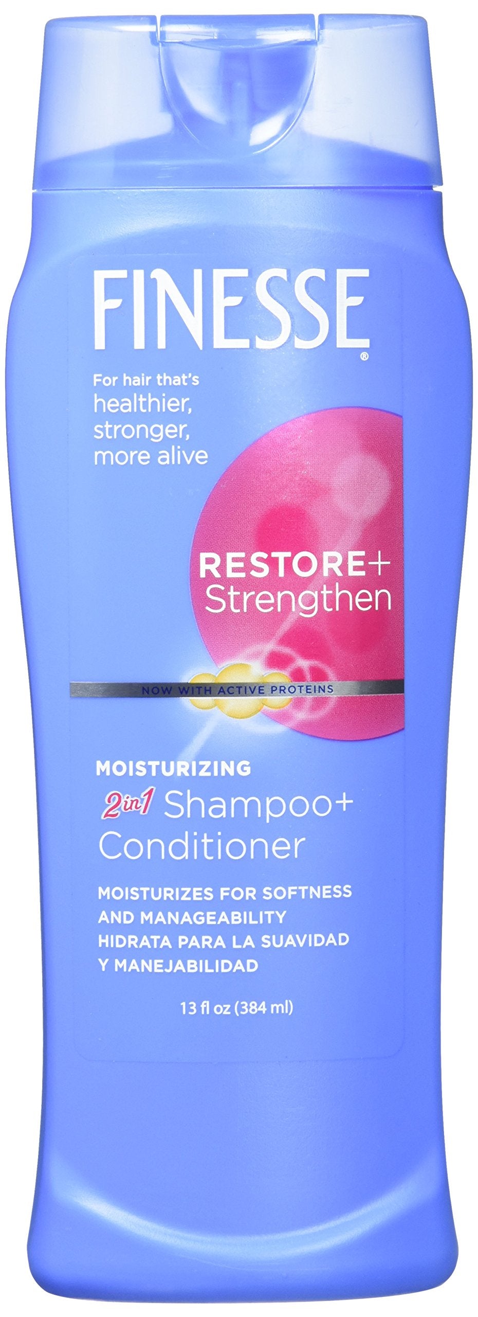 FINESSE 2-in-1 moisturizing shampoo bottle pour for smooth, manageable hair.