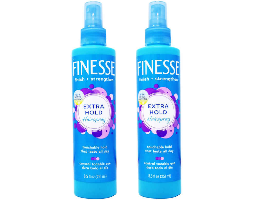 FINESSE Finish Strengthen hairspray pack of two bottles for strong hold and shine.