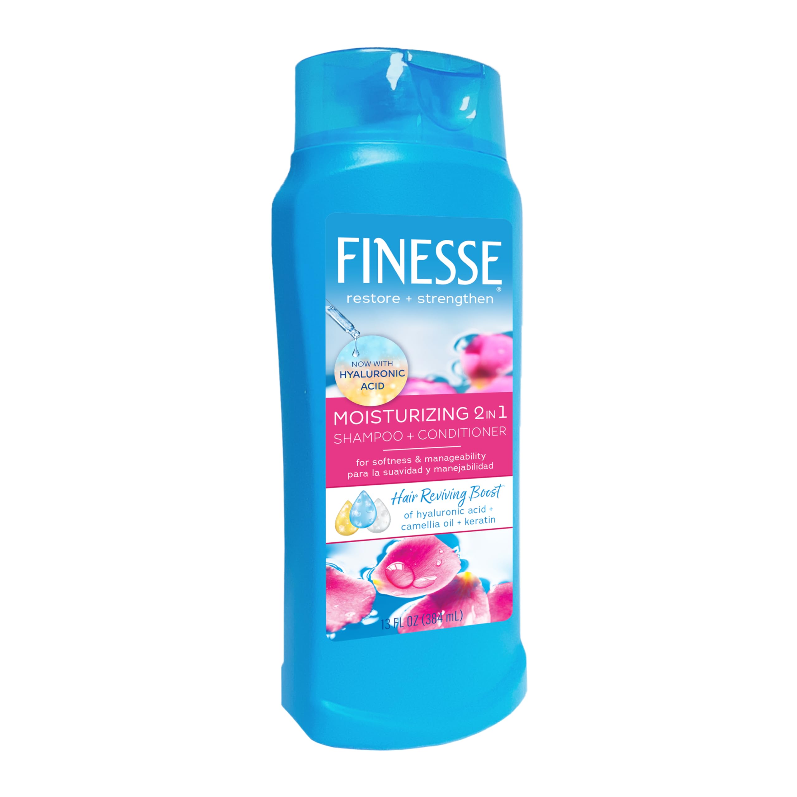 Finesse Restore 2in1 bottle highlights camellia oil and proteins for stronger, moisturized hair.