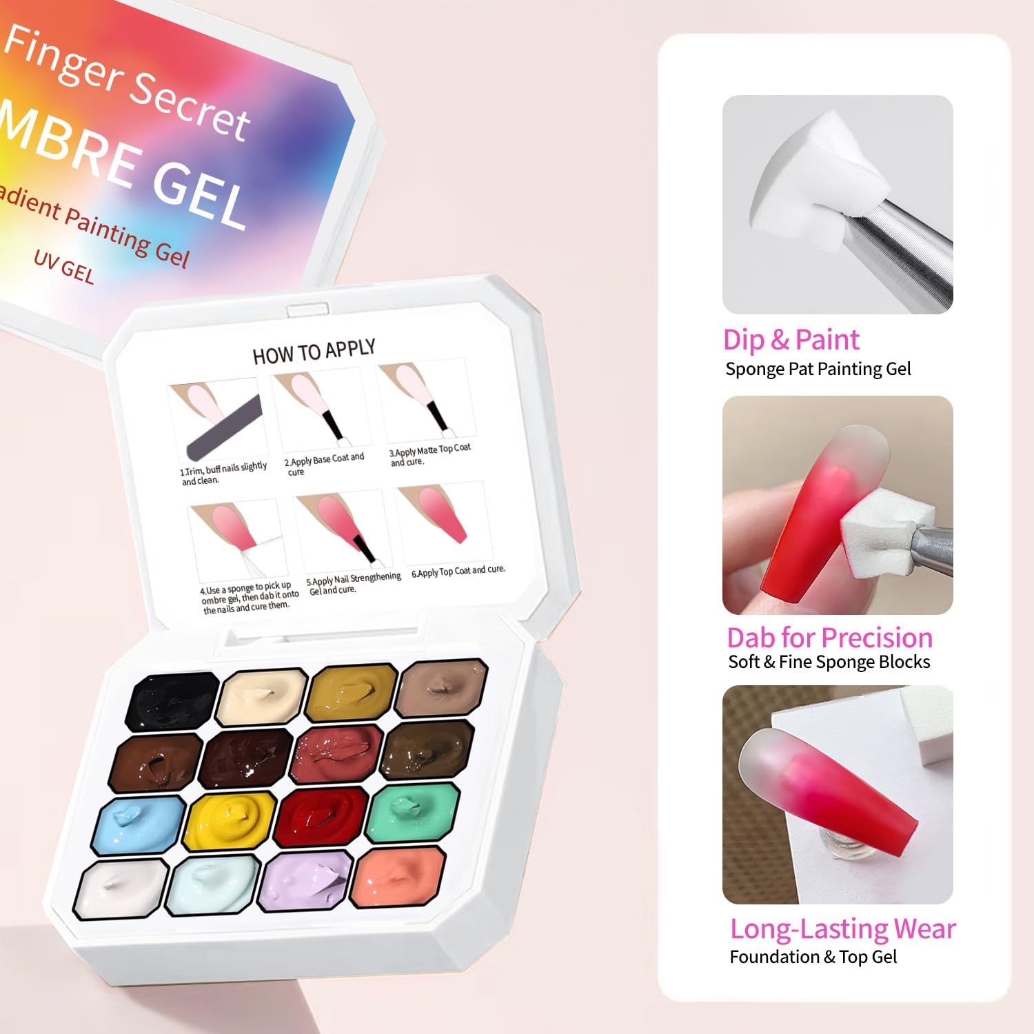Finger Secret ombre gel demonstrates smooth gradient bloom on nails.