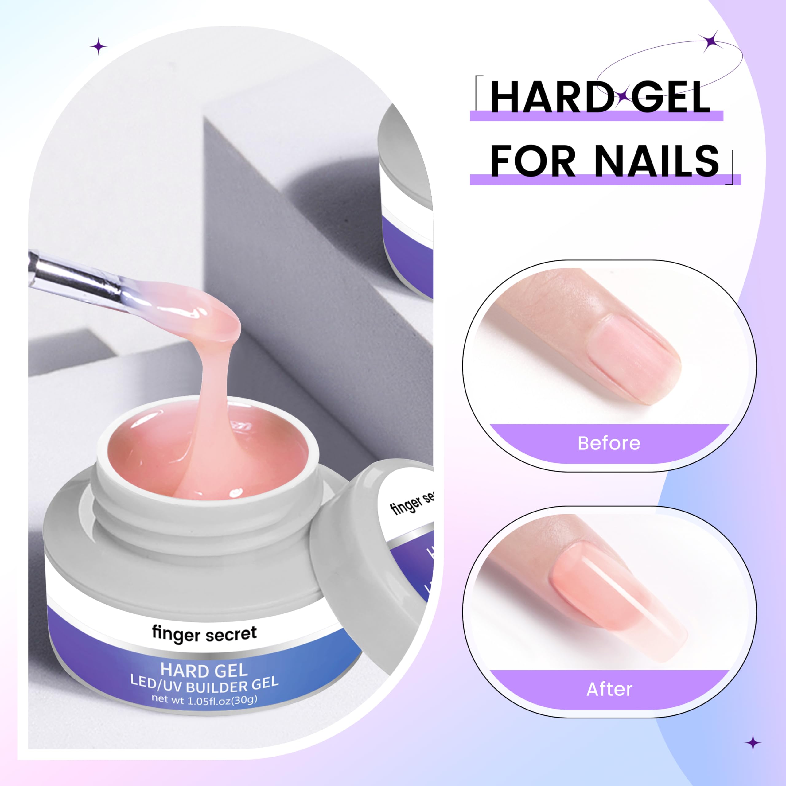 Finger Secret hard builder gel white 3oz for crisp French tips and sculpting.