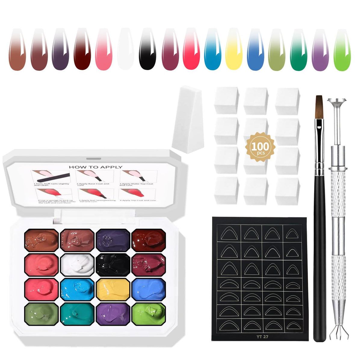 Finger Secret ombre gel palette with 16 colors for seamless gradients.