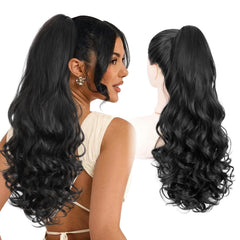 Finler ponytail extension 24in natural black curly-wavy for instant length and fullness.