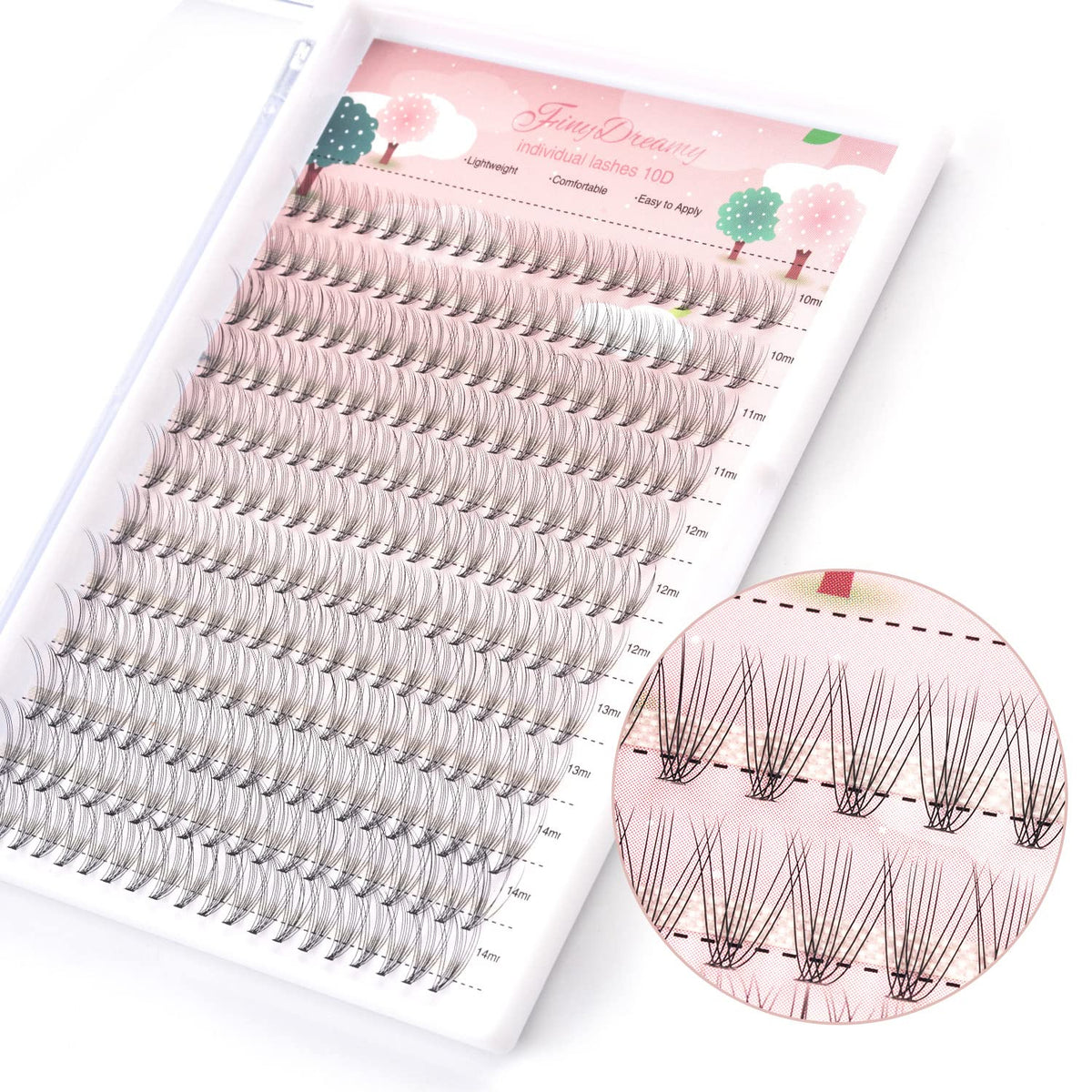 FinyDreamy packaging for 10D lash clusters showing kit contents and layout