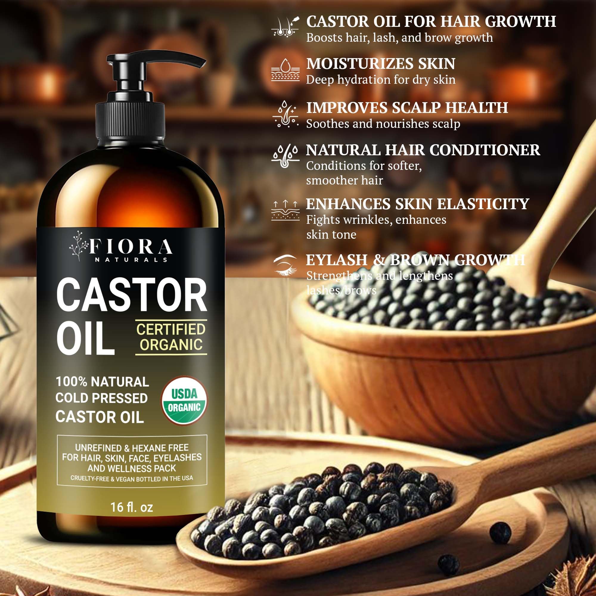 Fiora Naturals hexane-free, USDA certified castor oil in pump bottle