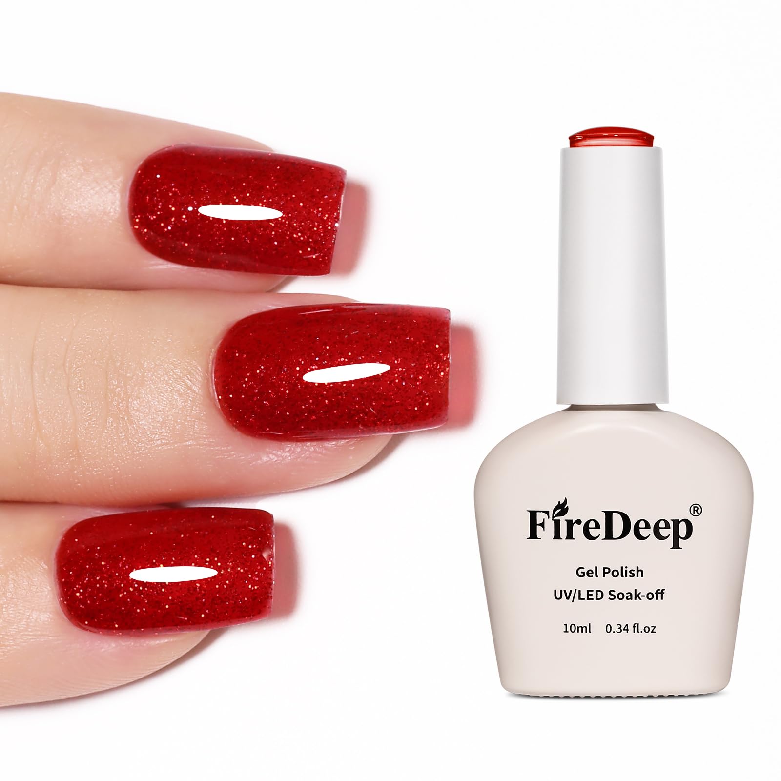 Firedeep Red Glitter Gel Polish bottle with reflective sparkle for festive nails.