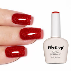 Firedeep Red Glitter Gel Polish bottle with reflective sparkle for festive nails.