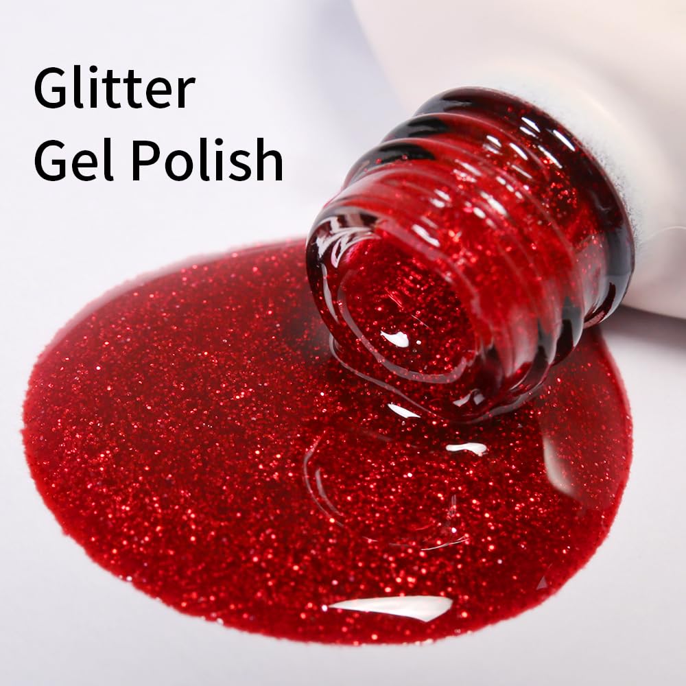 Firedeep Red Glitter Gel Polish swatch showing vivid color and shimmer for easy selection.