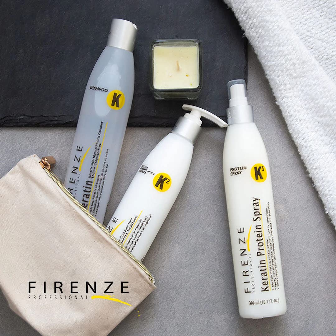 Firenze Professional Keratin KS Protein Repair Spray after-shampoo routine focus supports hair reconstruction.